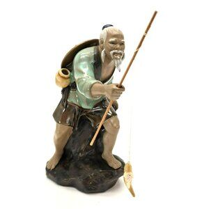 Shiwan Chinese Mudman Fisherman Vintage Porcelain Figurine Elderly JE134